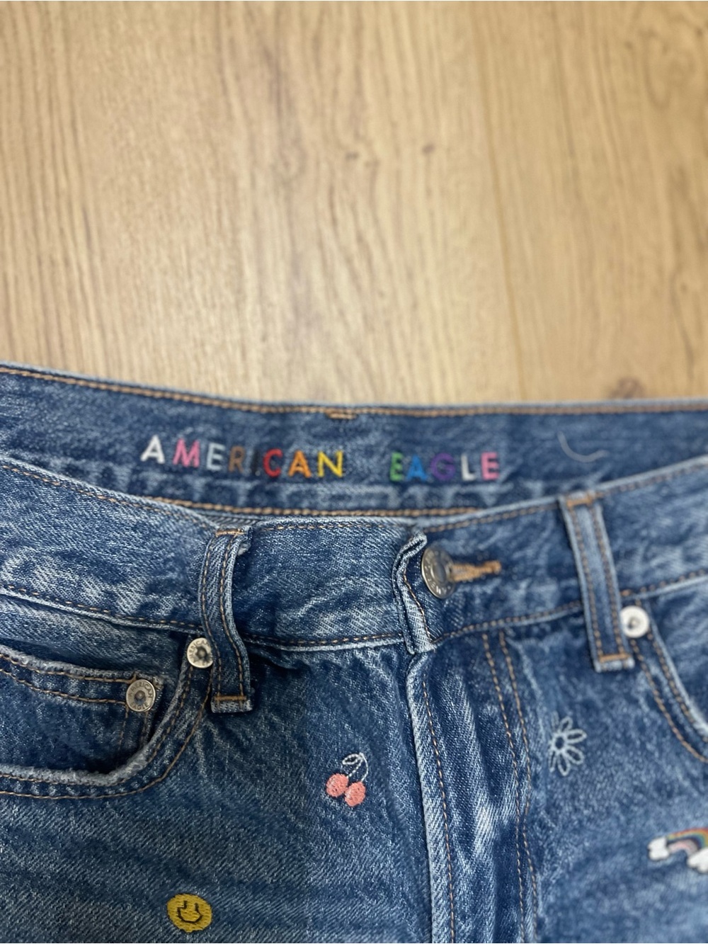 American Eagle Outfitters Blue Denim Shorts with Multicolor Embroidery (6) - Picture 2 of 6